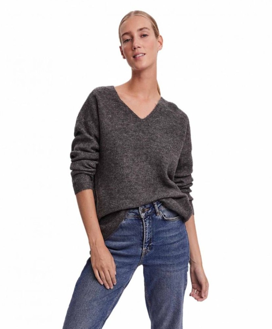 Damen Vero Moda Pullover | Vero Moda Strickpullover Crewlefile Mit V-Ausschnitt In Grau