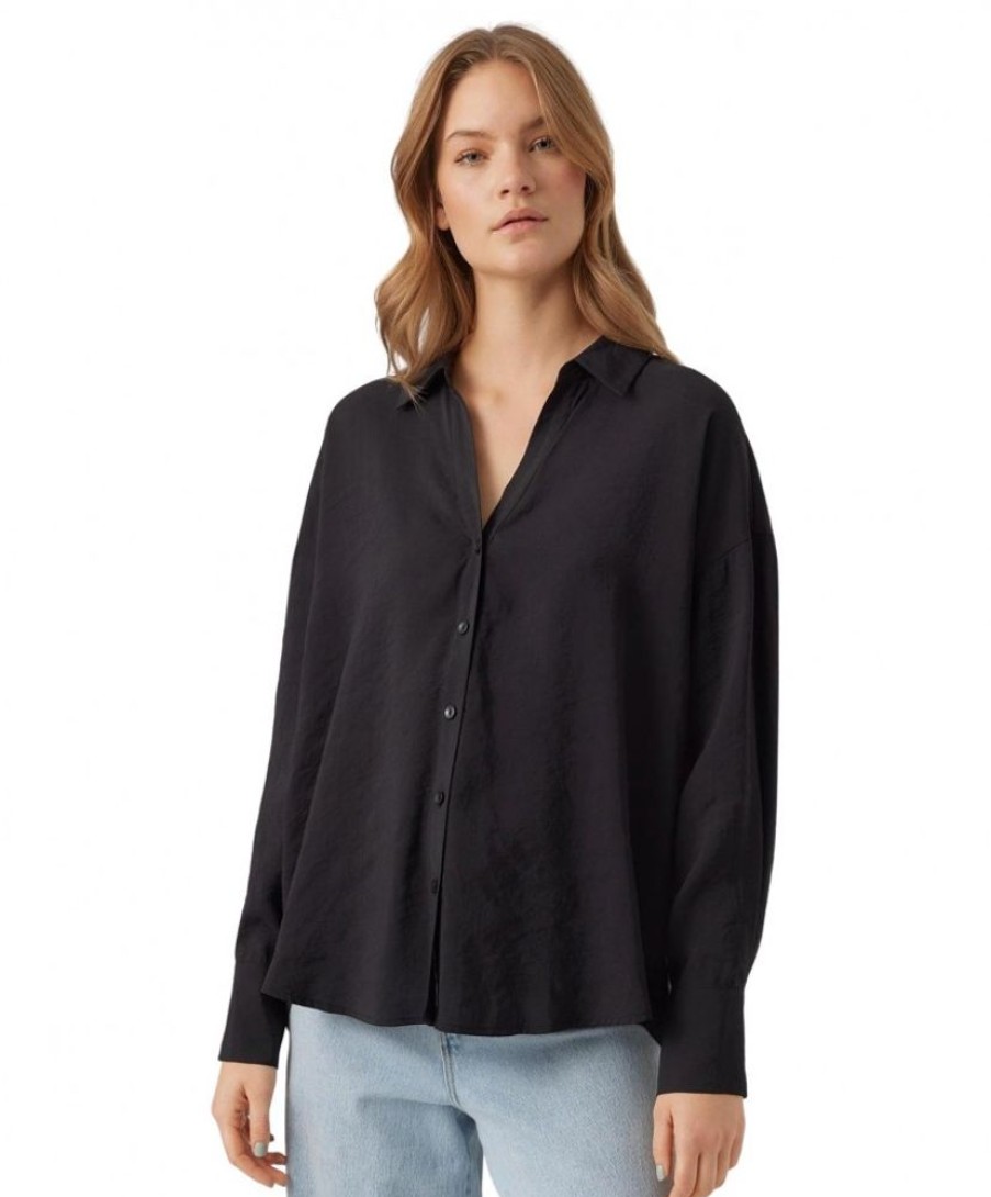 Damen Vero Moda Blusen | Vero Moda Hemdbluse Queeny Oversize In Schwarz