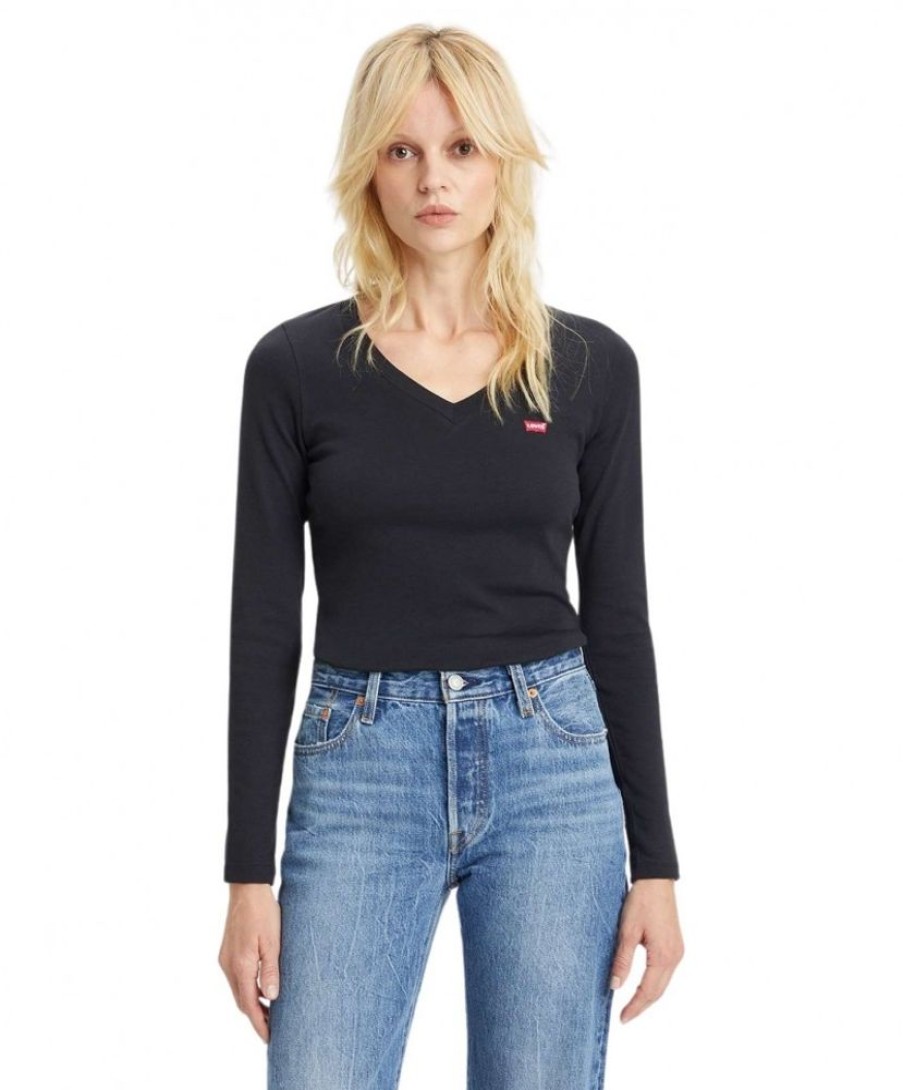 Damen Levis Shirts | Levi‘S Langarmshirt Baby Tee Mit V-Neck In Schwarz