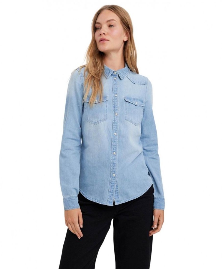 Damen Vero Moda Blusen | Vero Moda Jeansbluse Maria Im Slim Fit Aus Hellblauem Denim