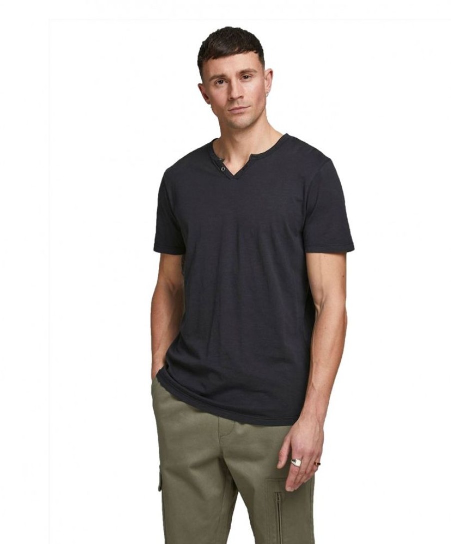 Herren Jack & Jones Shirts | Jack & Jones T-Shirt Split Mit Neck In Schwarzem Black