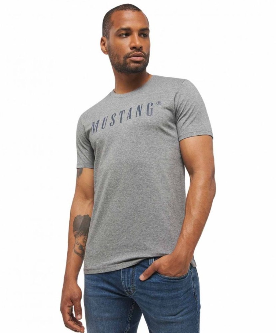 Herren Mustang Shirts | Mustang Print Shirt Alex C Mit Logo In Grey Melange