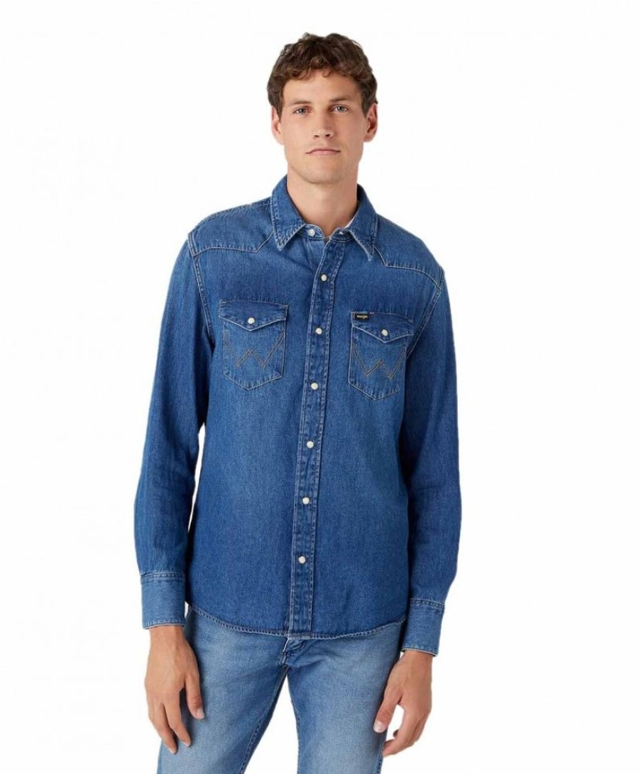 Herren Wrangler Hemden | Wrangler Westernhemd Im Denim Used Look