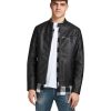 Herren Jack & Jones Jacken | Jack & Jones Bikerjacke Rocky Aus Schwarzem Leder