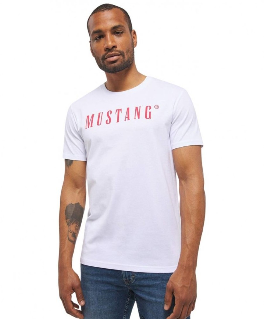 Herren Mustang Shirts | Mustang Print Shirt Alex C Mit Logo In Weis