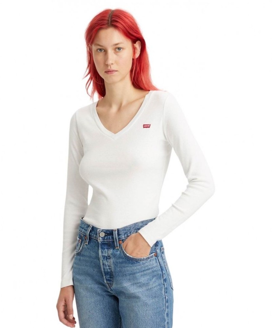 Damen Levis Shirts | Levi‘S Langarmshirt Baby Tee Mit V-Neck In Weis