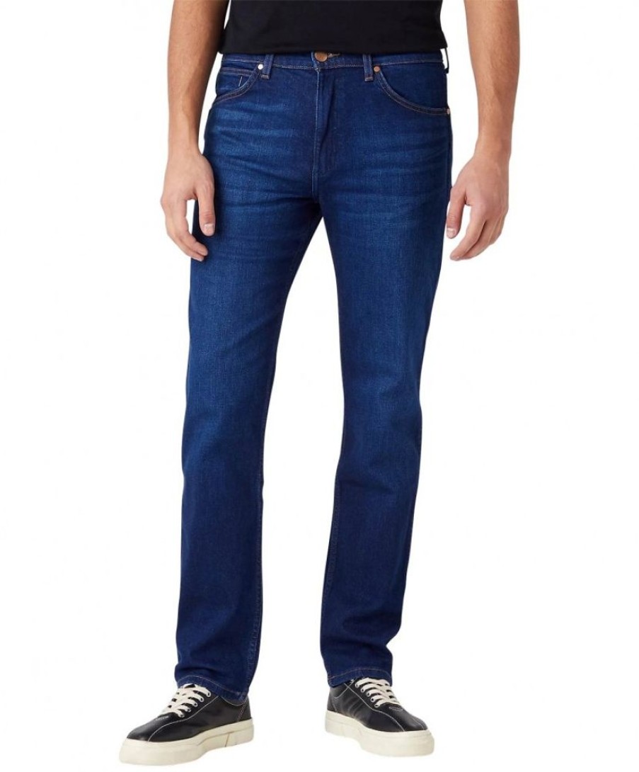 Herren Wrangler Straight Leg | Wrangler Jeans Straight Greensboro In Blauem Used-Look