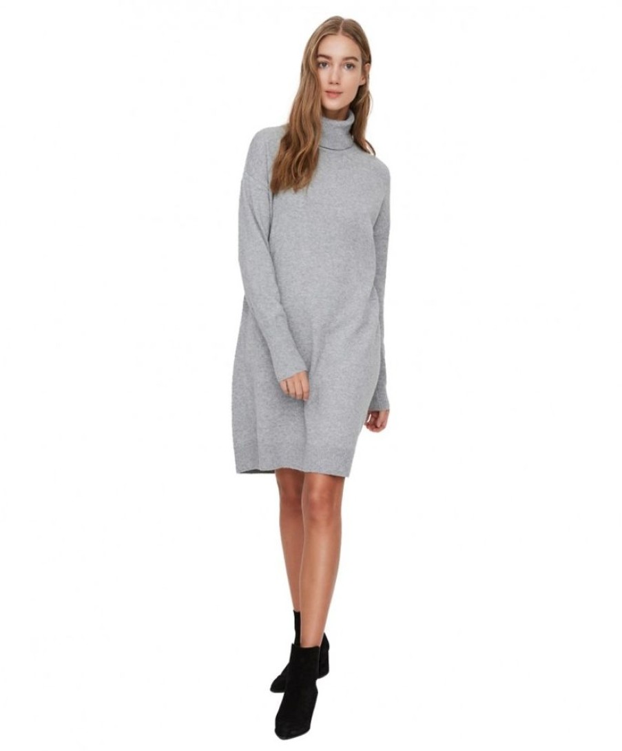 Damen Vero Moda Kleider | Vero Moda Strickkleid Brilliant Mit Rollkragen Aus Grauer Wolle