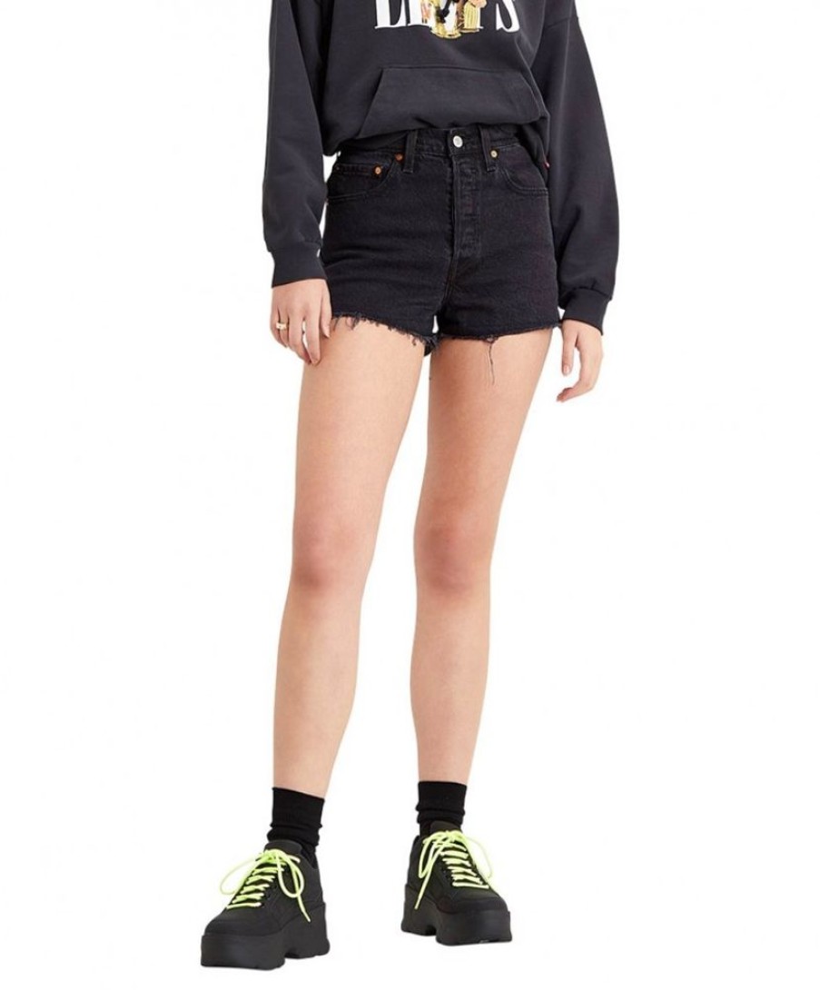 Damen Levis Shorts | Levi'S Ribcage Shorts In Black Lake Mit Fransigem Saum