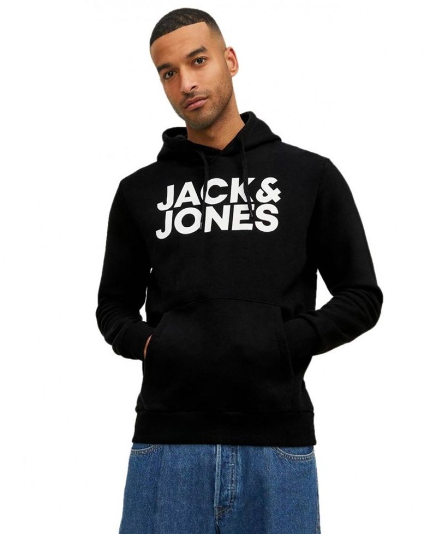 Herren Jack & Jones Pullover | Jack & Jones Kapuzensweatshirt Mit Brustprint In Schwarz