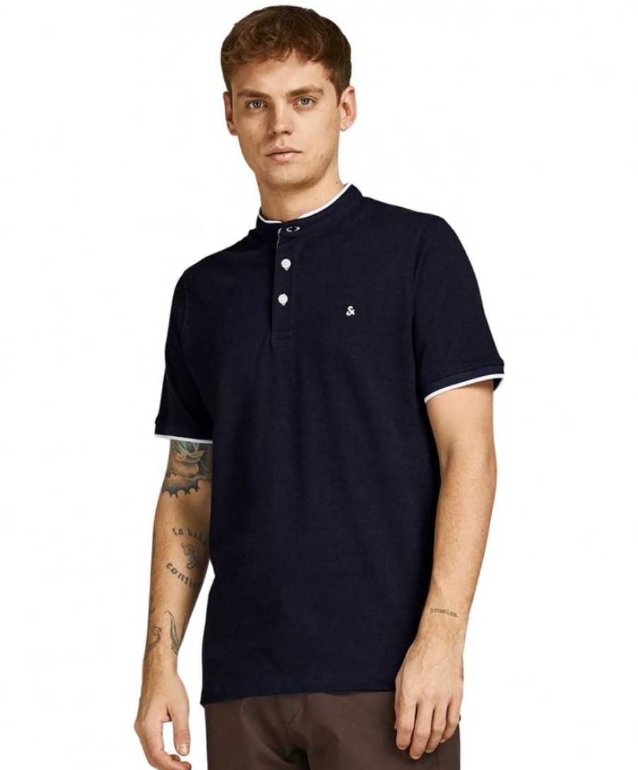 Herren Jack & Jones Shirts | Jack & Jones Poloshirt Paulos In Dunkelblau Mit Mao Kragen