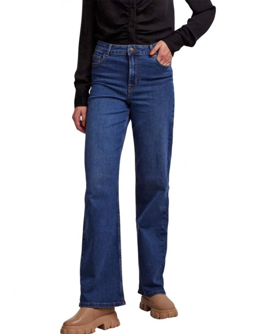 Damen Pieces Bootcut | Pieces Peggy Jeans Mit Weitem Bein In Indigo Waschung