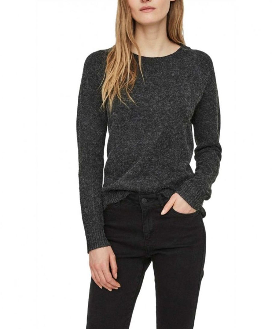 Damen Vero Moda Pullover | Vero Moda Doffy - Schwarzer Strickpullover Mit Rundhals