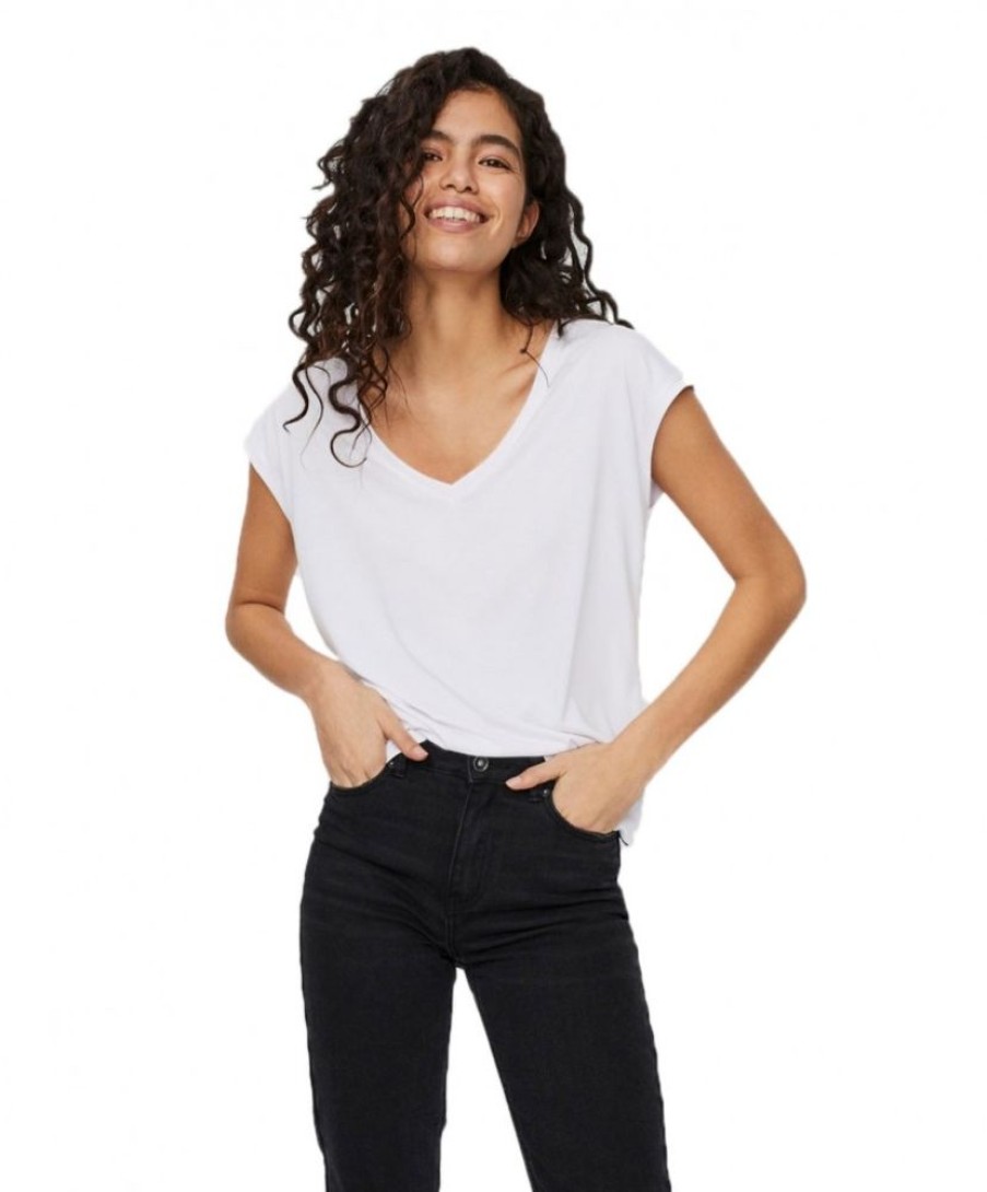 Damen Vero Moda Shirts | Vero Moda T-Shirt Filli Mit V-Ausschnitt In Weis