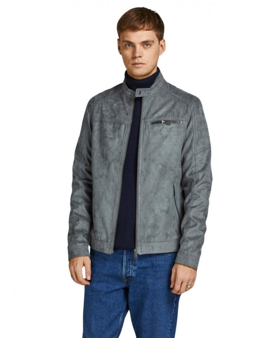 Herren Jack & Jones Jacken | Jack & Jones Bikerjacke Rocky Aus Grauem Leder