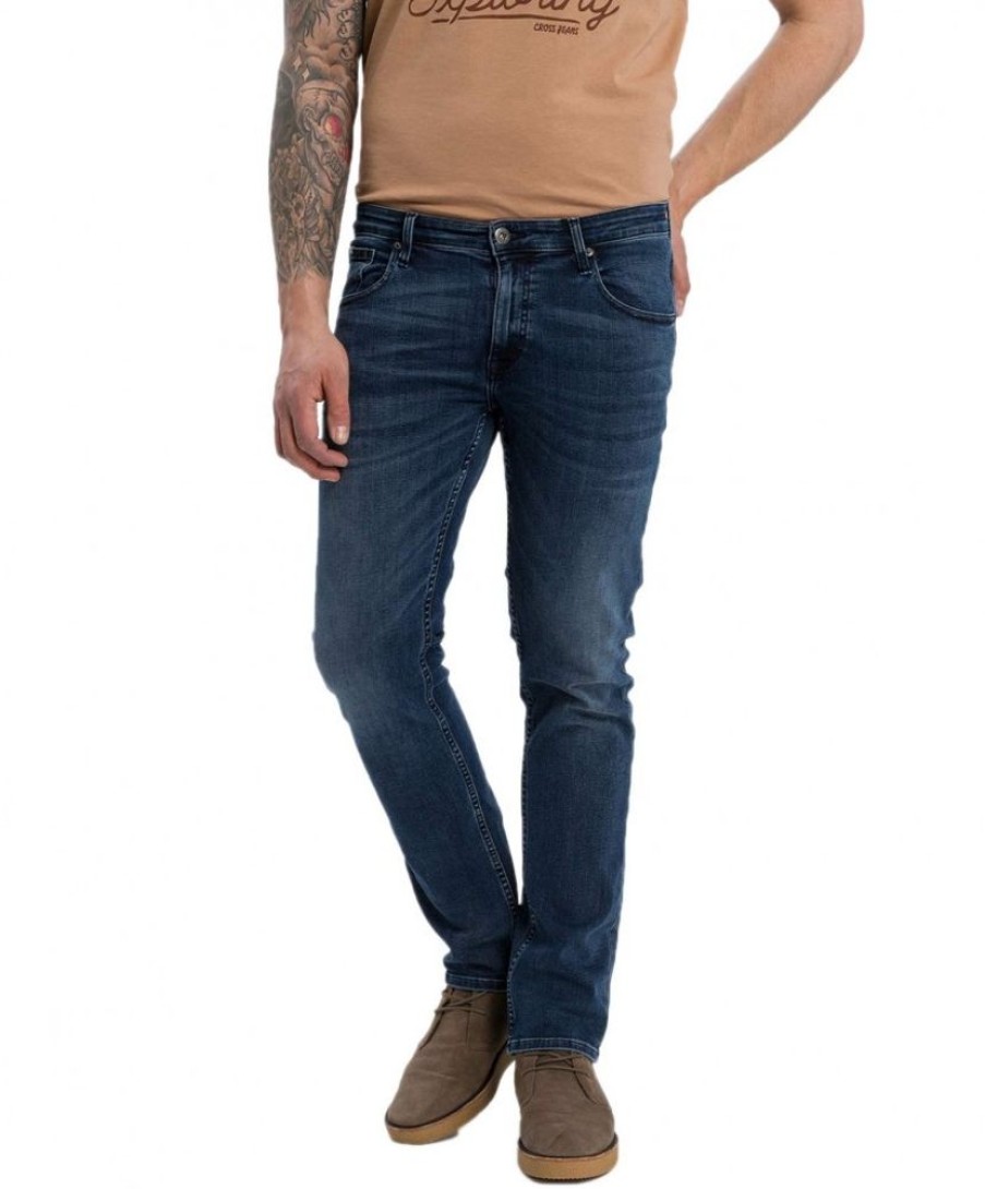 Herren Cross Stretch Jeans | Cross Jeans Damien Mit Slim Fit In Blauem Used Look