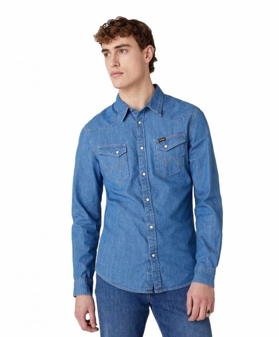 Herren Wrangler Hemden | Wrangler Jeanshemd Western Shirt In Blauem Mid Stone