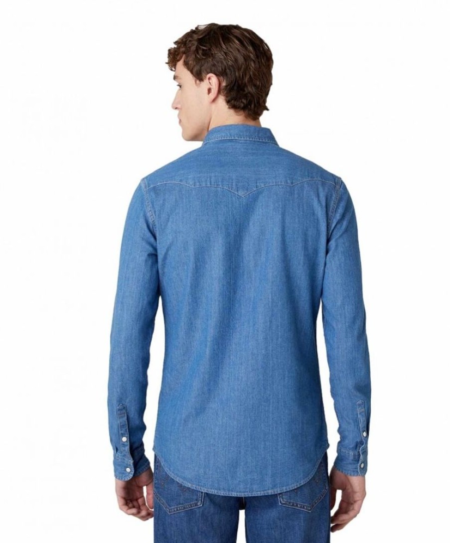 Herren Wrangler Hemden | Wrangler Jeanshemd Western Shirt In Blauem Mid Stone