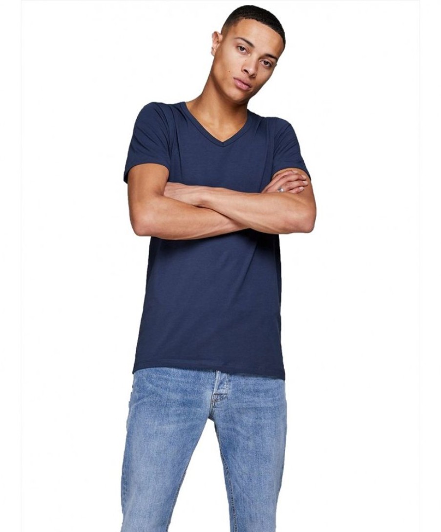 Herren Jack & Jones Shirts | Jack & Jones T-Shirt Basic V-Neck In Blauem Navy