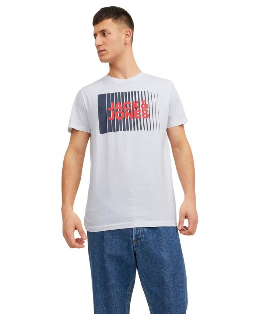 Herren Jack & Jones Shirts | Jack & Jones T-Shirt Corp Mit Front-Print In Weis