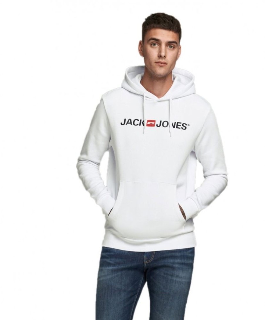 Herren Jack & Jones Pullover | Jack & Jones Hoodie Mit Logo In Weis Aus Sweatstoff