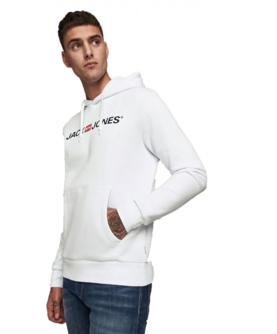 Herren Jack & Jones Pullover | Jack & Jones Hoodie Mit Logo In Weis Aus Sweatstoff