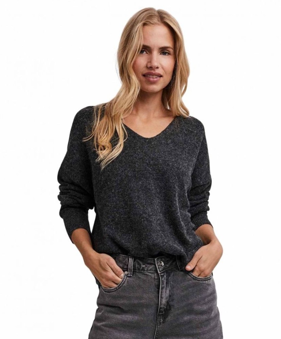 Damen Vero Moda Pullover | Vero Moda Strickpullover Doffy Mit V-Auschnitt In Schwarz