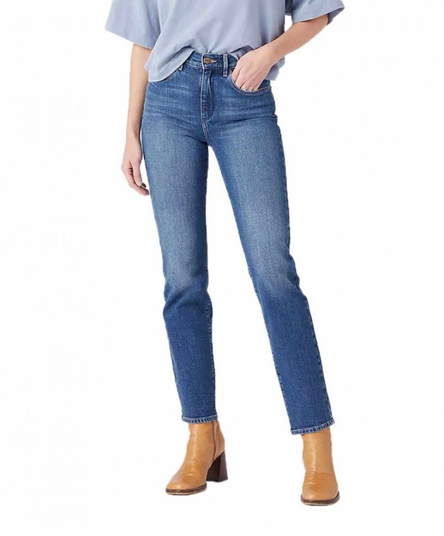 Damen Wrangler Straight Leg | Wrangler Straight Jeans In Blau Mit Mittelhohen Bund