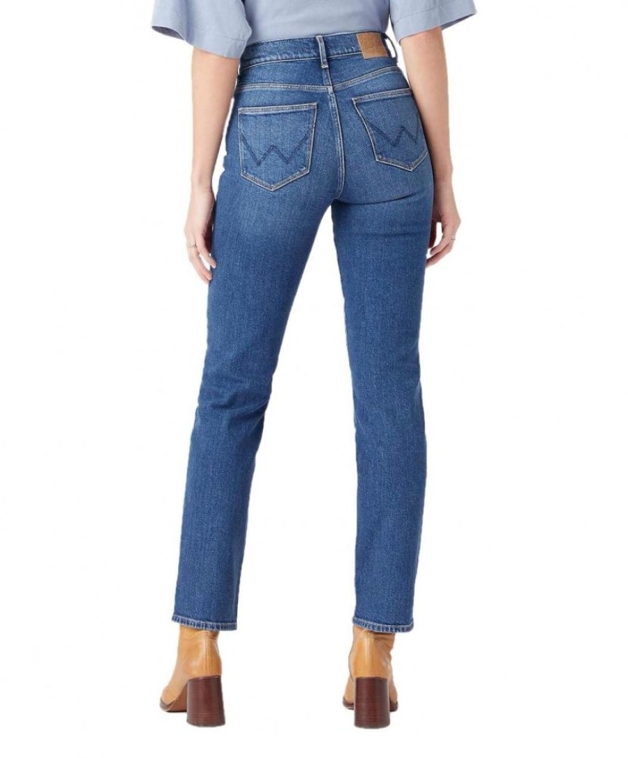 Damen Wrangler Straight Leg | Wrangler Straight Jeans In Blau Mit Mittelhohen Bund