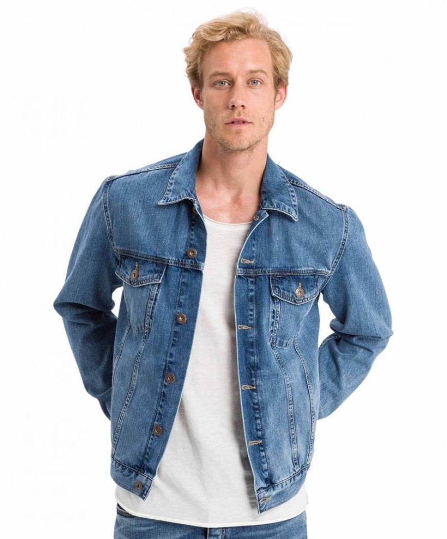 Herren Cross Jacken | Cross Jeansjacke Regular Fit In Mittelblauer Used-Optik