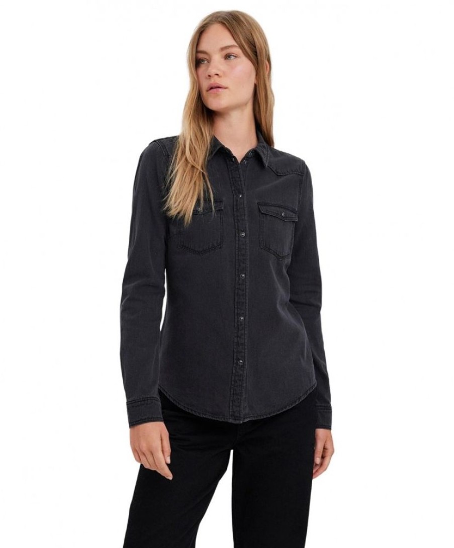 Damen Vero Moda Blusen | Vero Moda Jeansbluse Maria Aus Schwarzem Denim