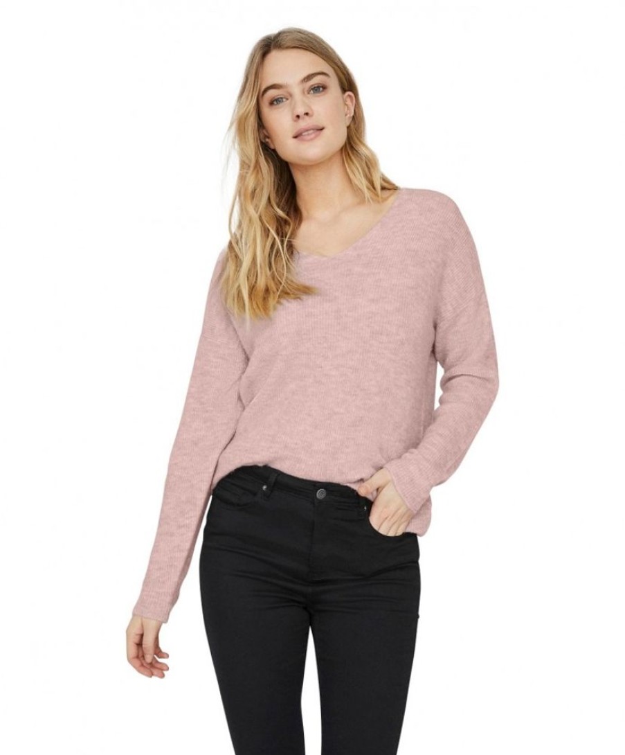 Damen Vero Moda Pullover | Vero Moda Strickpullover Crewlefile Mit V-Neck In Rosa