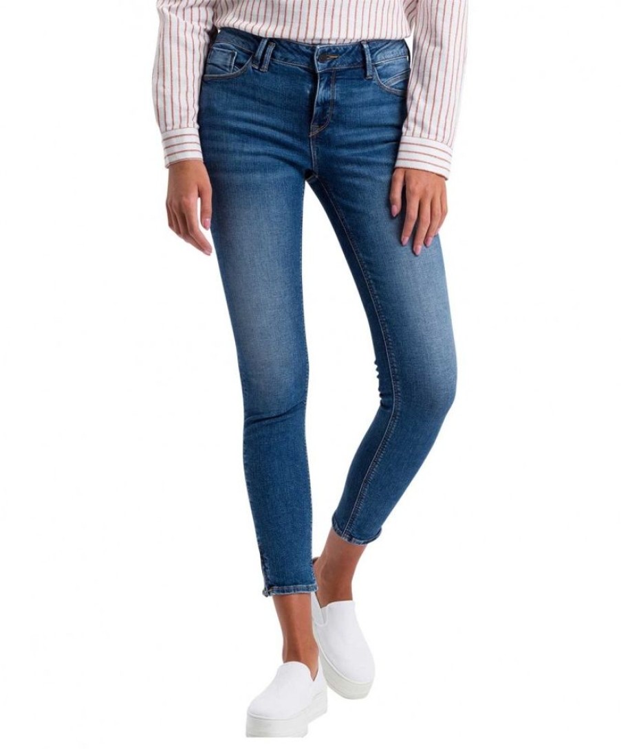 Damen Cross Skinny | Cross Jeans Ankle Giselle In Mittelblau Mit Zipper Am Saum