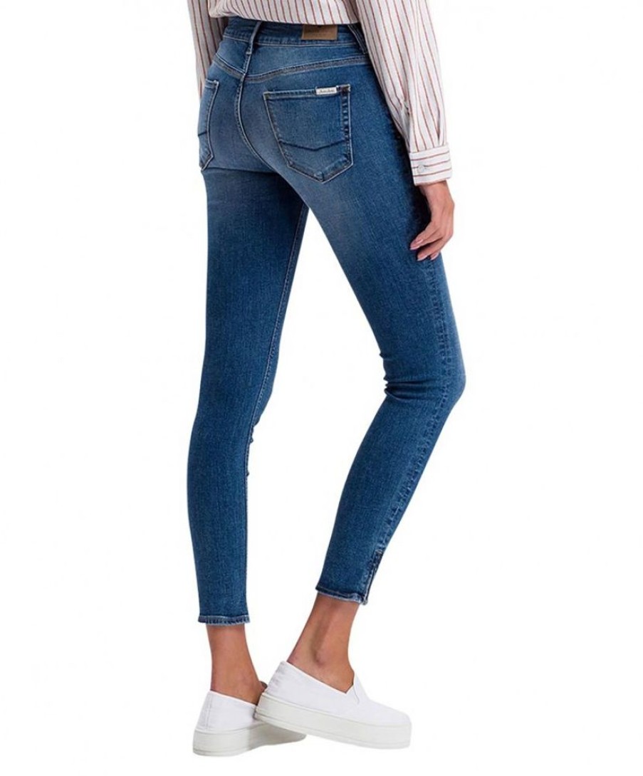 Damen Cross Skinny | Cross Jeans Ankle Giselle In Mittelblau Mit Zipper Am Saum