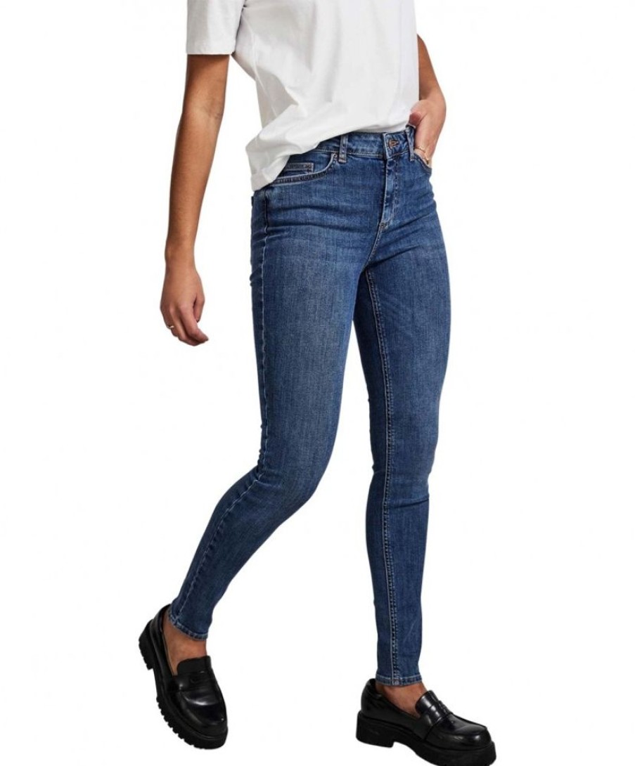 Damen Pieces Skinny | Pieces Delly Jeans Skinny Fit In Mittelblauer Indigo-Wash