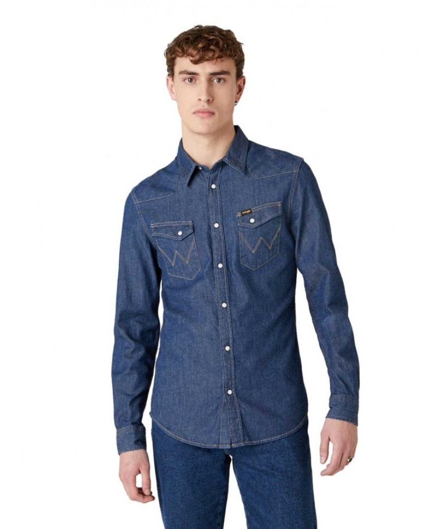 Herren Wrangler Hemden | Wrangler Western-Hemd Aus Dark Denim Im Slim Fit