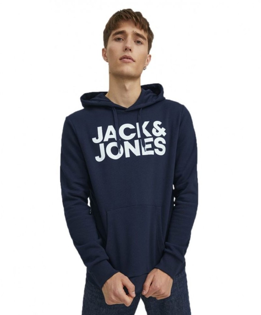 Herren Jack & Jones Pullover | Jack & Jones Kapuzensweatshirt Mit Logo-Brustprint In Dunkelblau