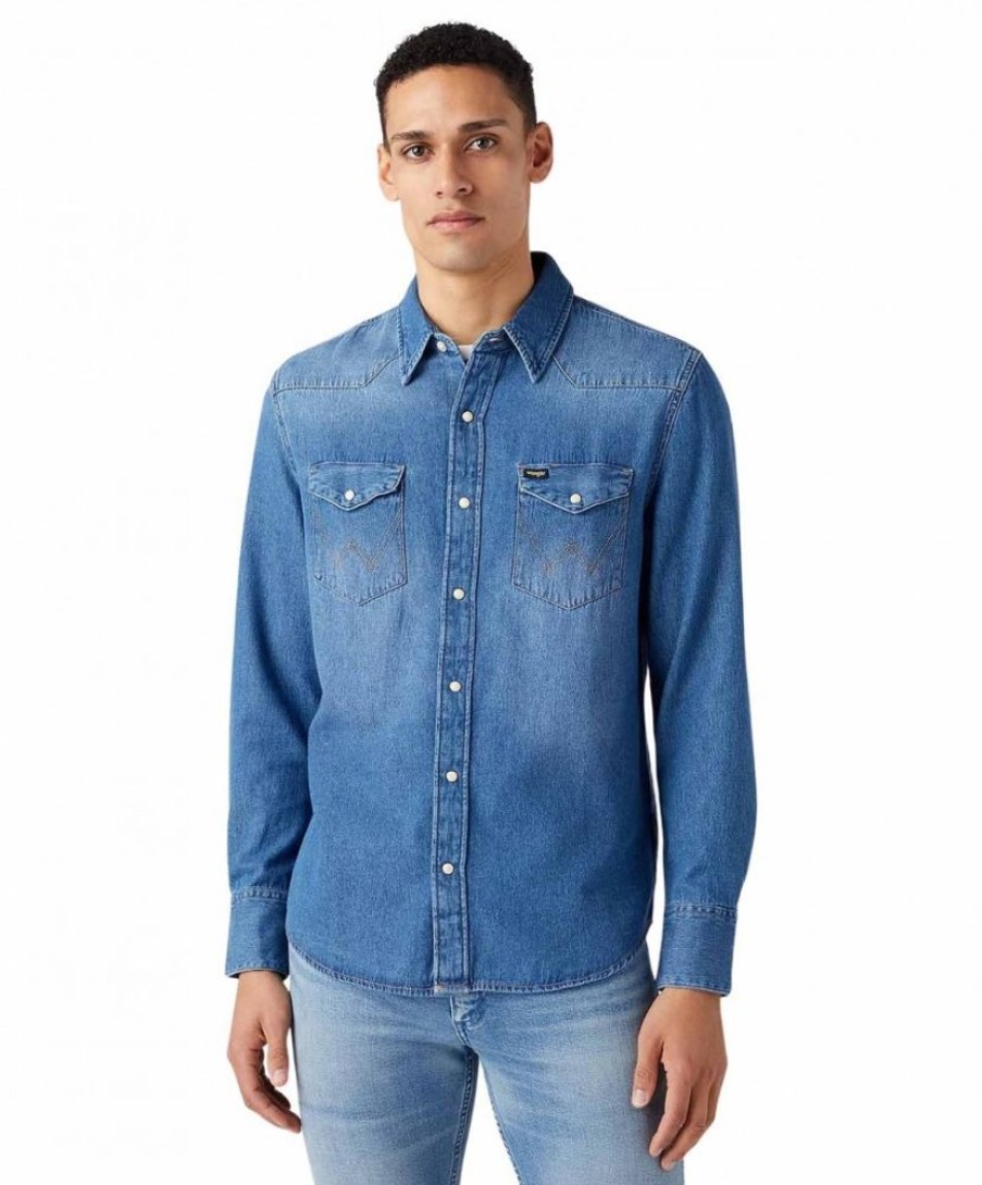 Herren Wrangler Hemden | Wrangler Jeanshemd Im Western Style In Stonewash