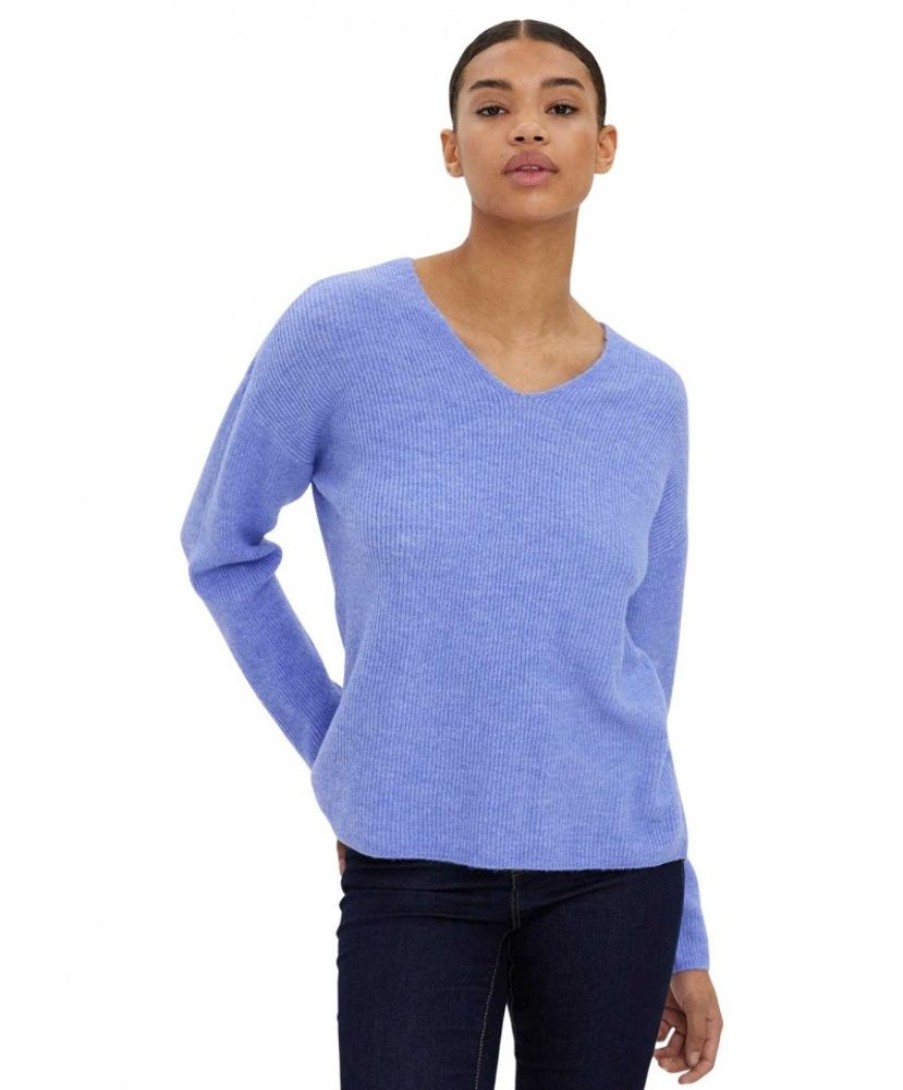 Damen Vero Moda Pullover | Vero Moda Strickpullover Crewlefile Mit V-Neck In Blauviolett