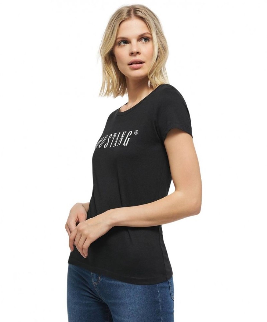 Damen Mustang Shirts | Mustang Damen T-Shirt Mit Used-Schriftzug In Schwarz